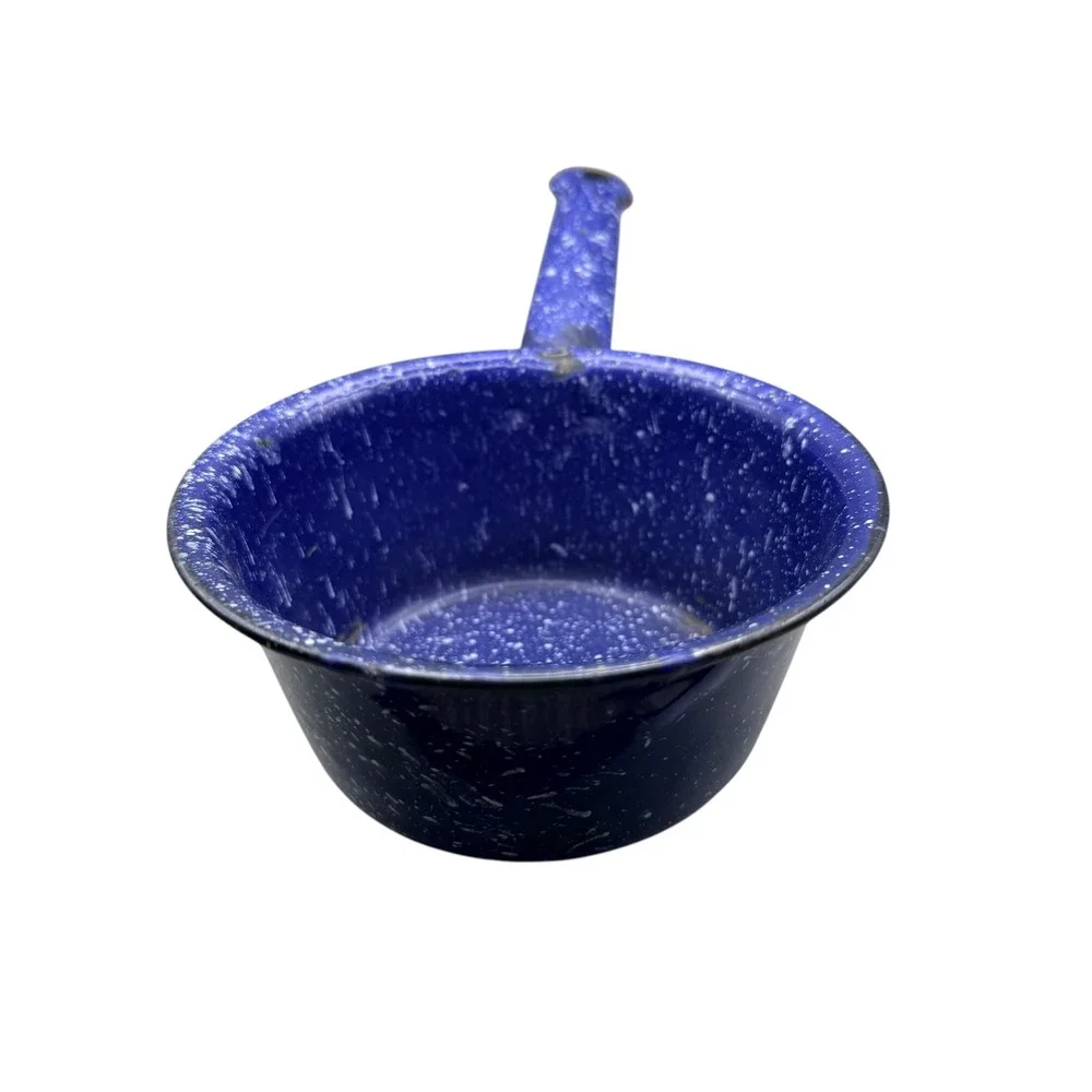 Vintage Blue Speckled Enamelware Dipper Ladle Farmhouse Graniteware Pot 6.5 Inch